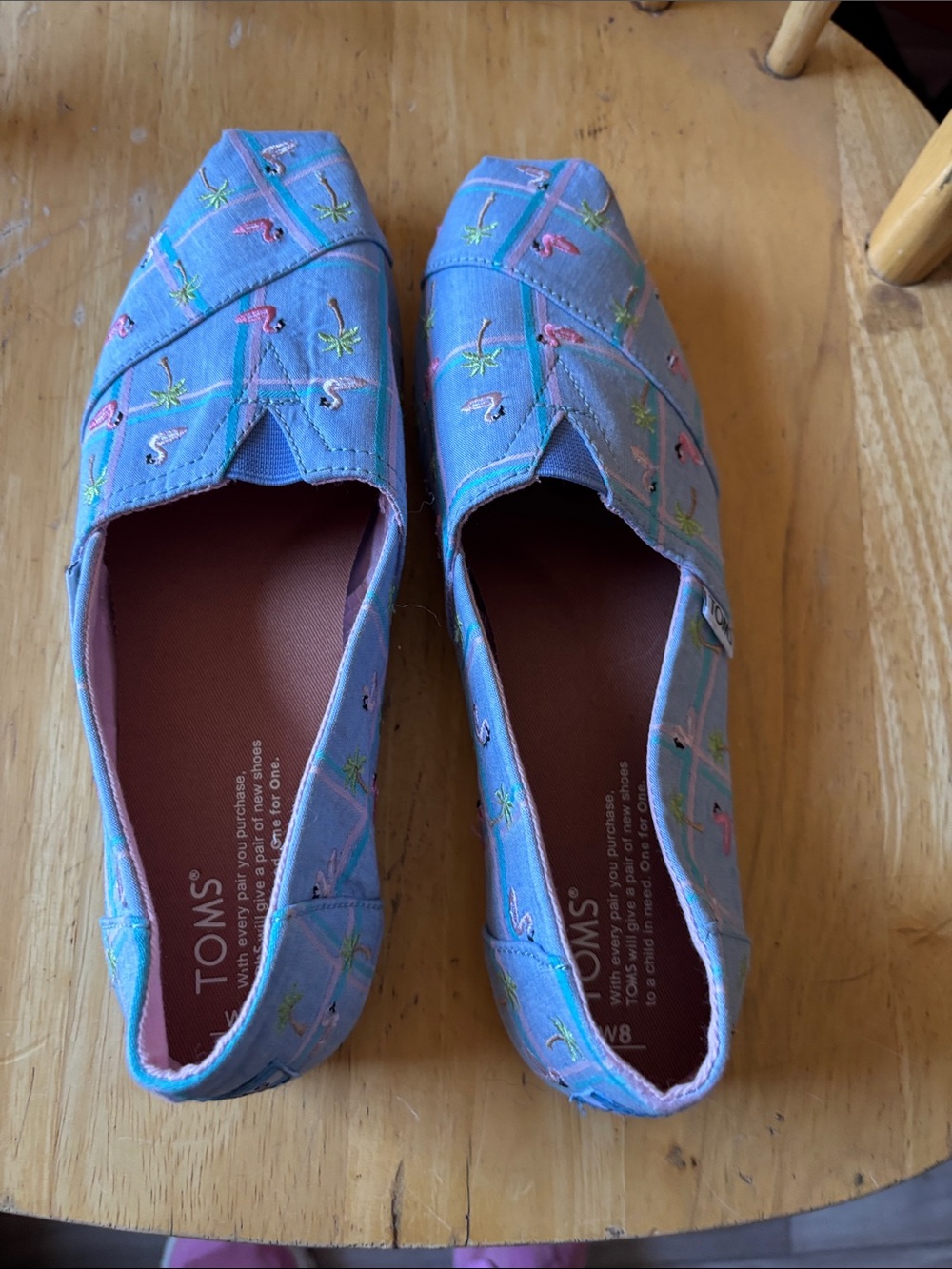 TOMS Light Blue Embroidered Flamingo Canvas Slip-Ons